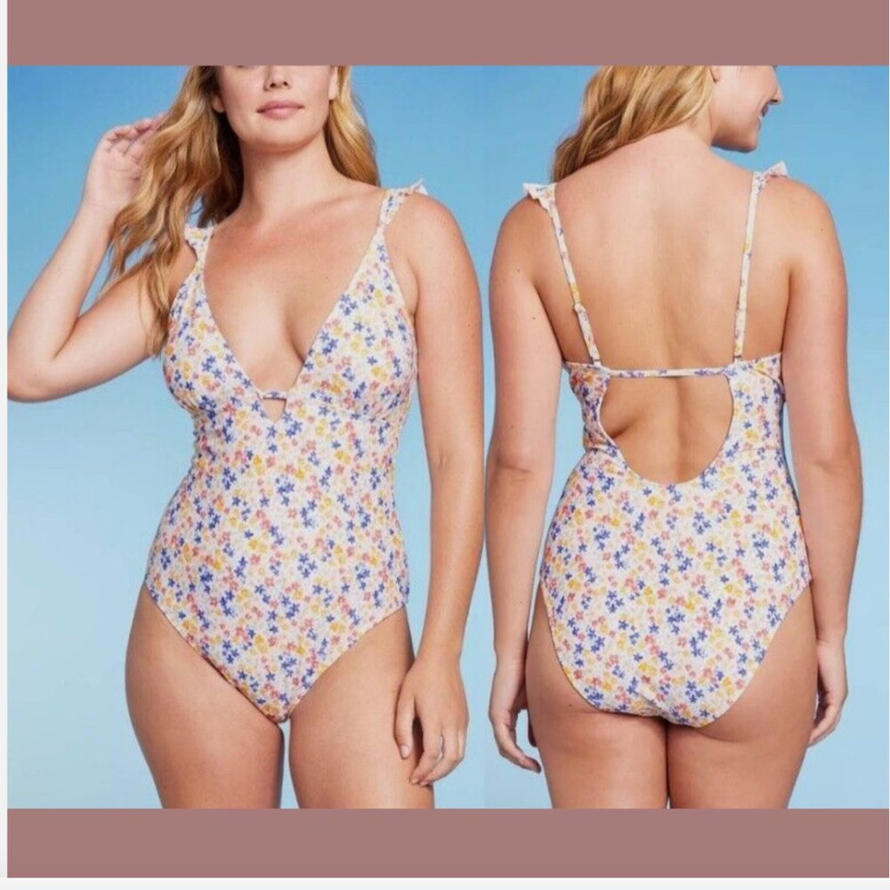 NWT $40 Shade & Shore [ XL ] Ruffle Plunge One Piece Swimsuit Ditsy Floral #5944
